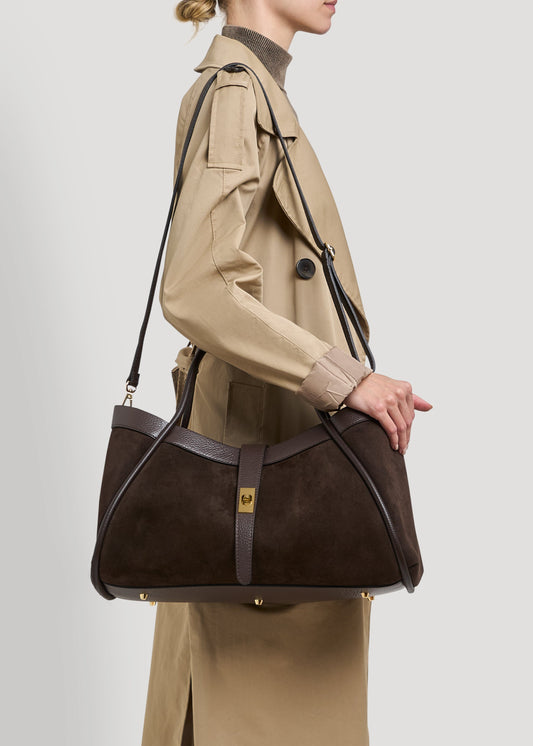 Bolso Mayfair en ante y piel Togo marrón oscuro