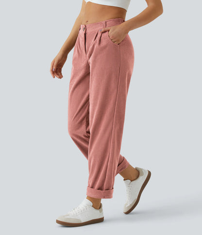 Corduroy - Pantalones casuales de pana de talle medio con bolsillo con cremallera