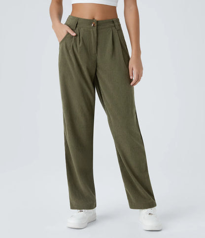 Corduroy - Pantalones casuales de pana de talle medio con bolsillo con cremallera