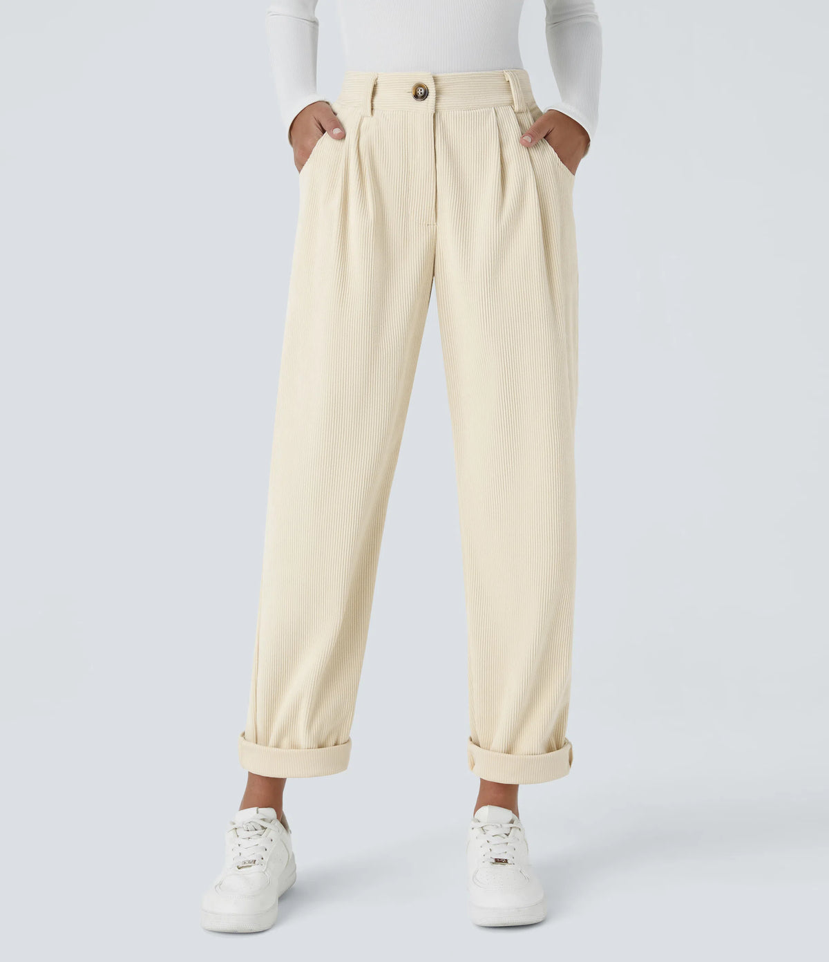 Corduroy - Pantalones casuales de pana de talle medio con bolsillo con cremallera