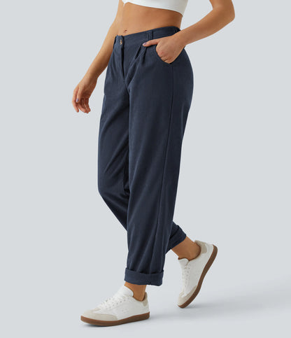 Corduroy - Pantalones casuales de pana de talle medio con bolsillo con cremallera