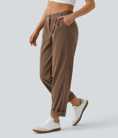 Corduroy - Pantalones casuales de pana de talle medio con bolsillo con cremallera