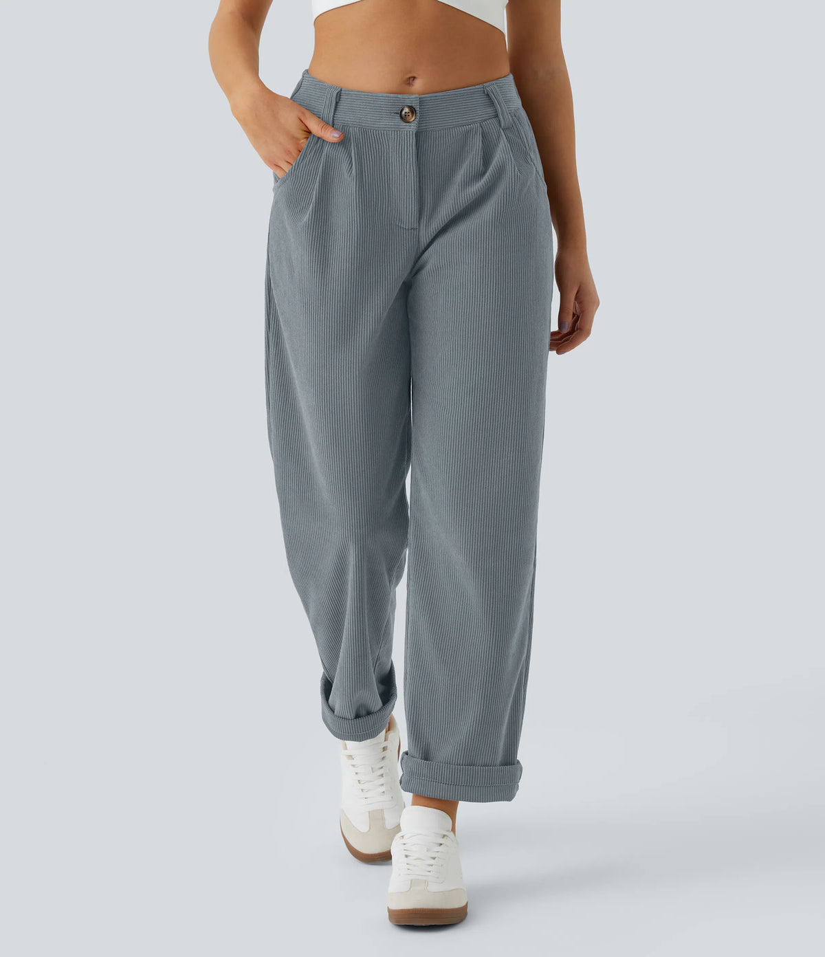 Corduroy - Pantalones casuales de pana de talle medio con bolsillo con cremallera