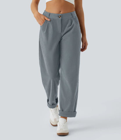 Corduroy - Pantalones casuales de pana de talle medio con bolsillo con cremallera
