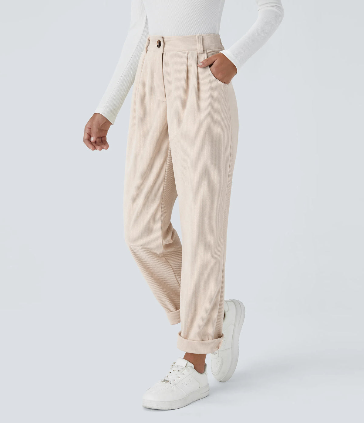Corduroy - Pantalones casuales de pana de talle medio con bolsillo con cremallera