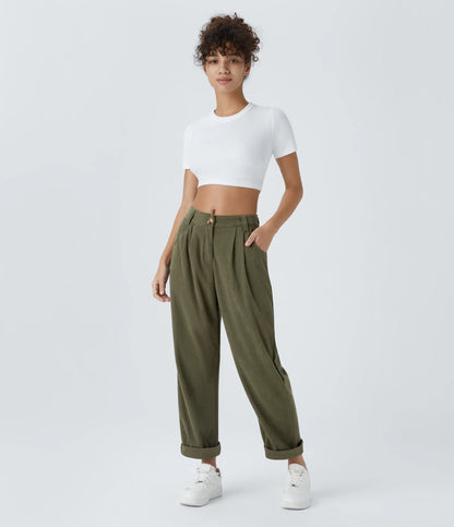 Corduroy - Pantalones casuales de pana de talle medio con bolsillo con cremallera