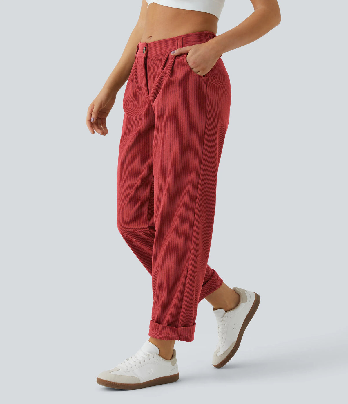 Corduroy - Pantalones casuales de pana de talle medio con bolsillo con cremallera