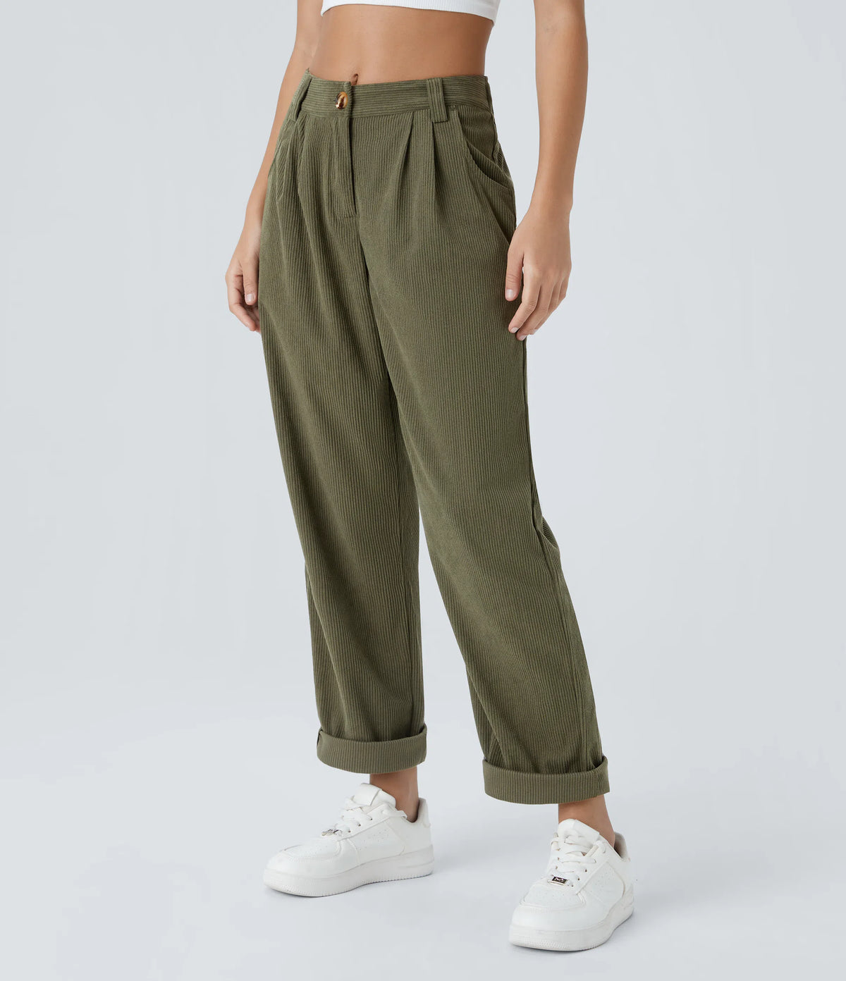 Corduroy - Pantalones casuales de pana de talle medio con bolsillo con cremallera