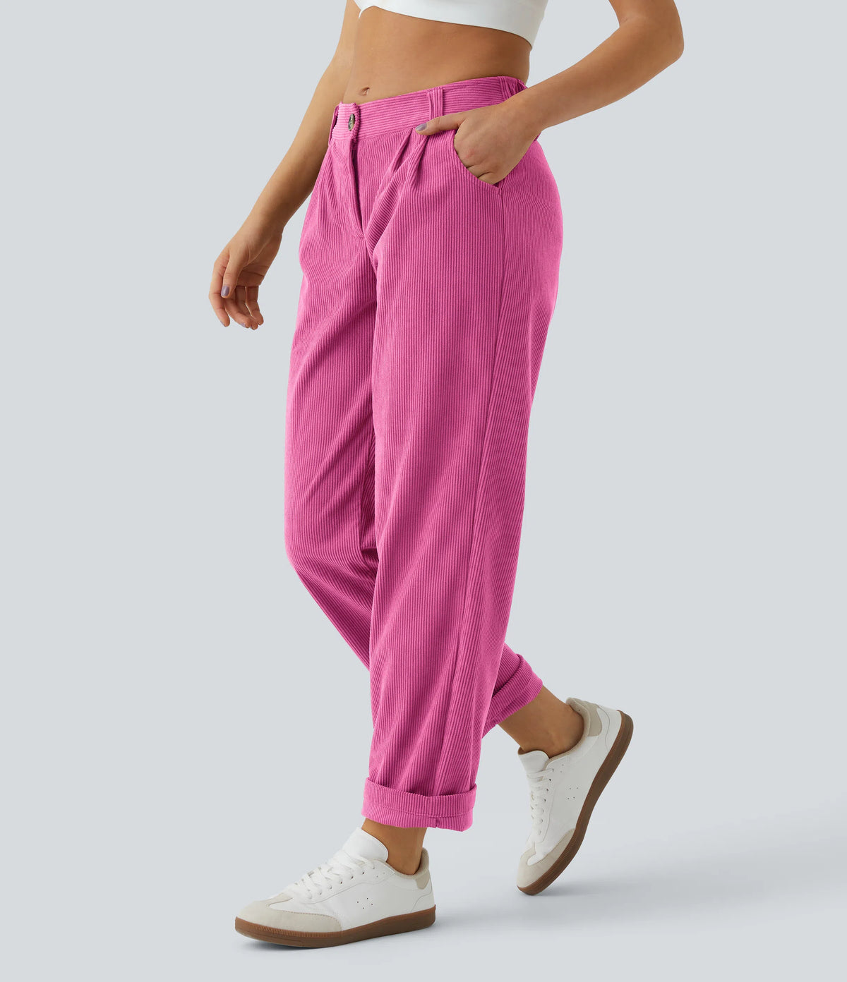 Corduroy - Pantalones casuales de pana de talle medio con bolsillo con cremallera
