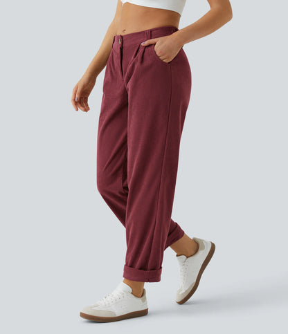 Corduroy - Pantalones casuales de pana de talle medio con bolsillo con cremallera
