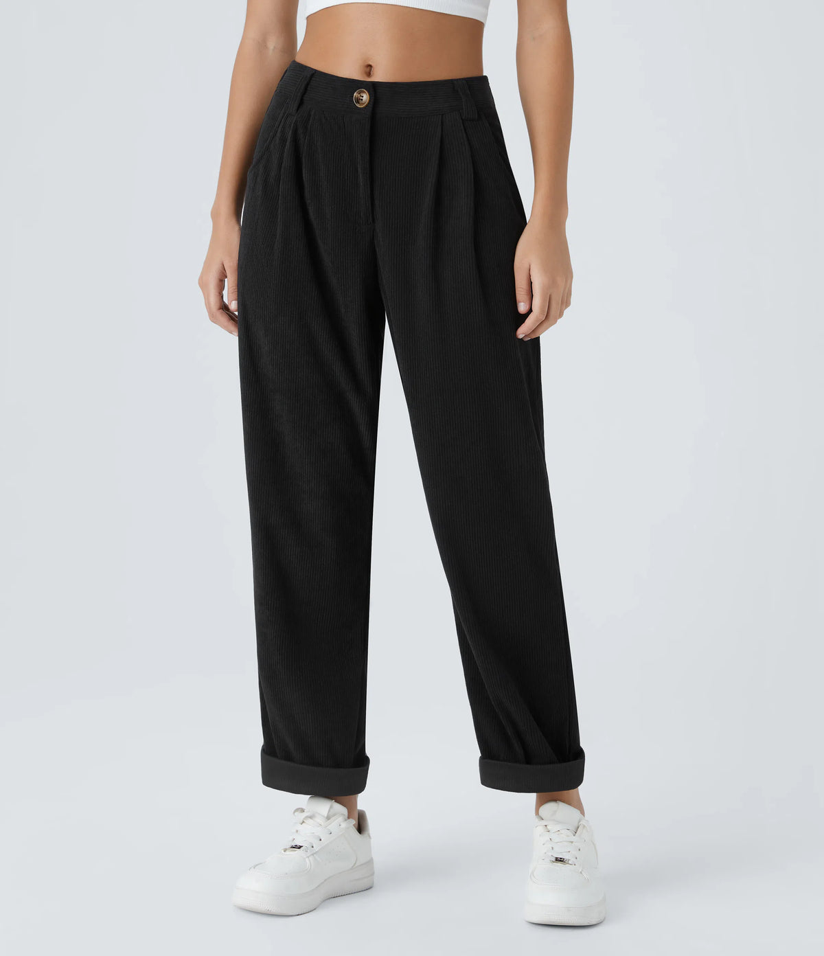Corduroy - Pantalones casuales de pana de talle medio con bolsillo con cremallera