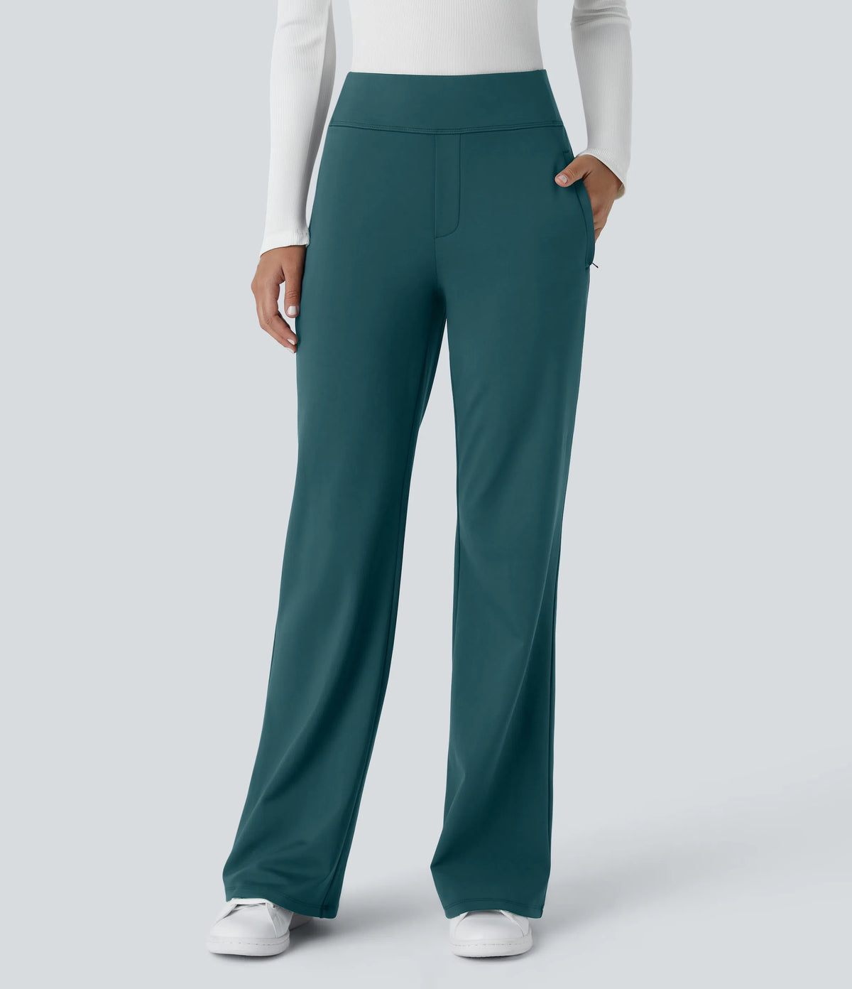 Flex - Pantalones de trabajo acampanados de talle medio DayStretch con un bolsillo lateral con cremallera