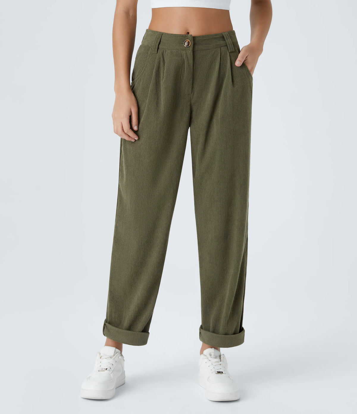 Corduroy - Pantalones casuales de pana de talle medio con bolsillo con cremallera