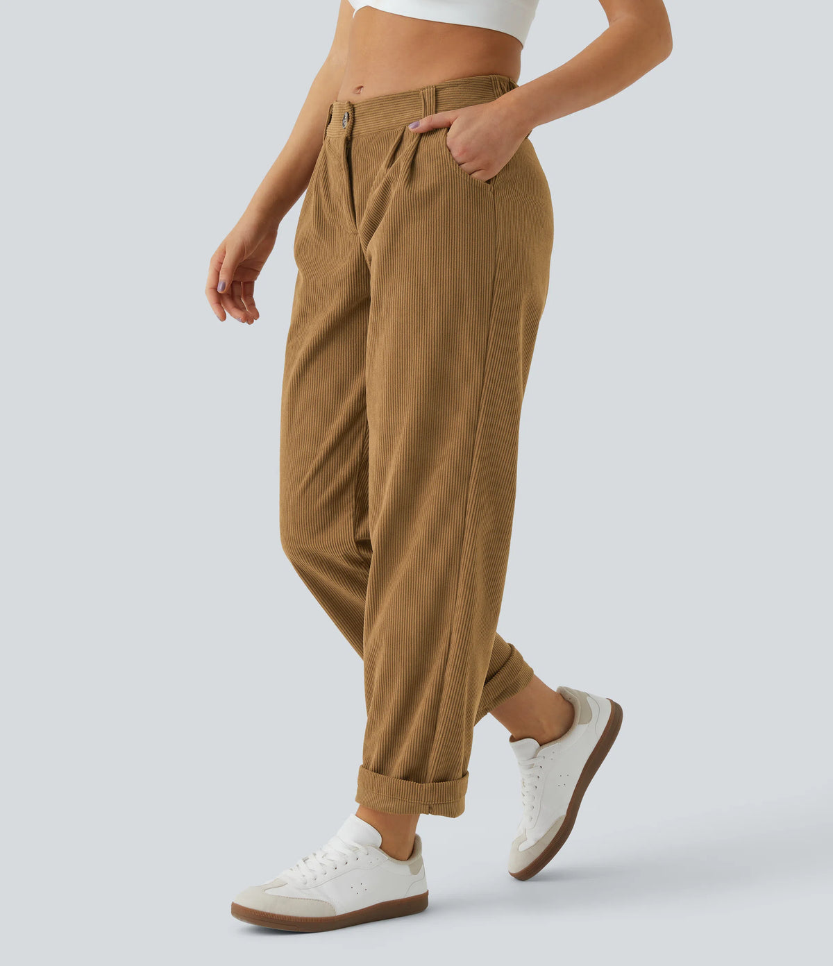 Corduroy - Pantalones casuales de pana de talle medio con bolsillo con cremallera