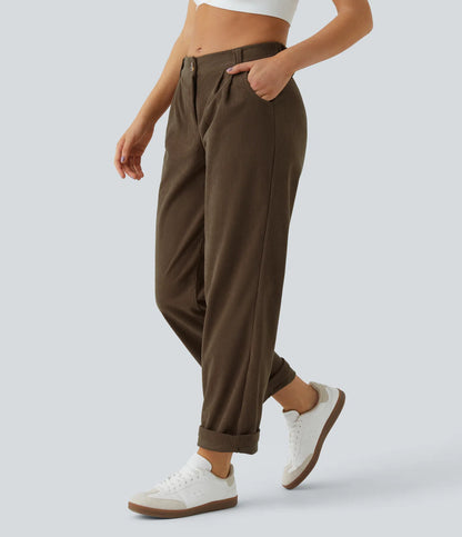 Corduroy - Pantalones casuales de pana de talle medio con bolsillo con cremallera