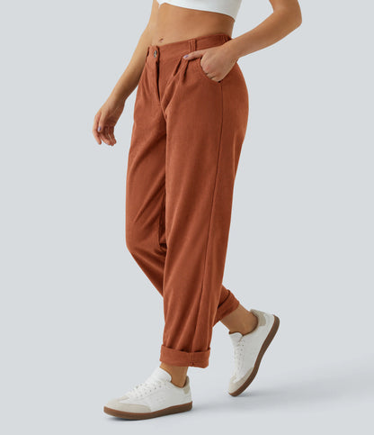 Corduroy - Pantalones casuales de pana de talle medio con bolsillo con cremallera