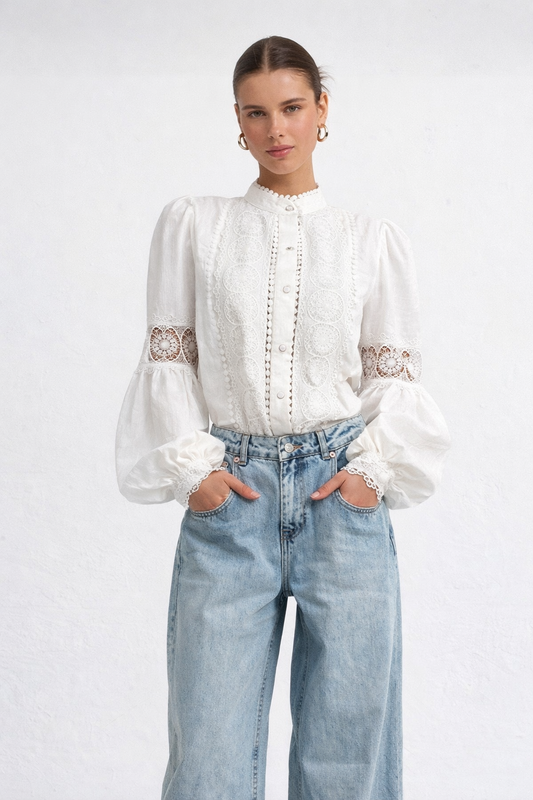 Lace - Blusa blanca de encaje para mujer