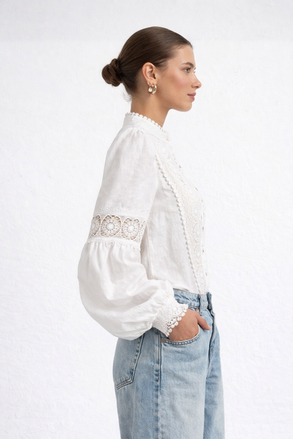 Lace - Blusa blanca de encaje para mujer